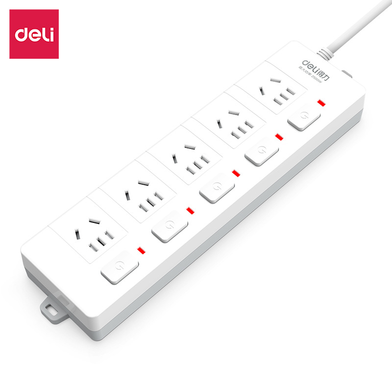 得力3998插座接线板5组3m分控开关线芯加粗阻燃防触电插排拖线