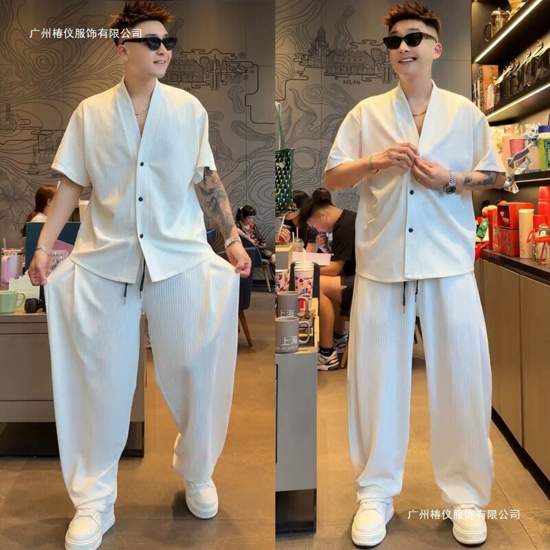 Spring and Summer Textured Minimalist Style Casual Suit Trendy Loose Short-Sleeve Cardigan and Long Pants Two-Piece Set in Stock Cotton