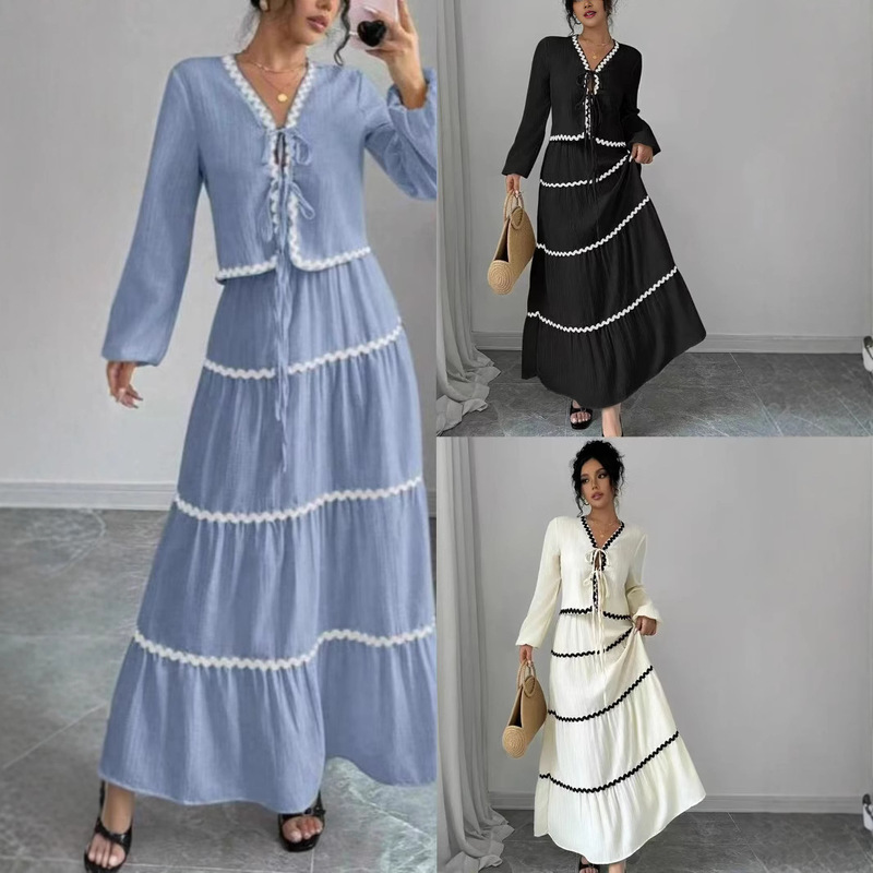 European and American foreign trade cross-border Amazon lace layered pleated lantern sleeve bow shirt and skirt suit women