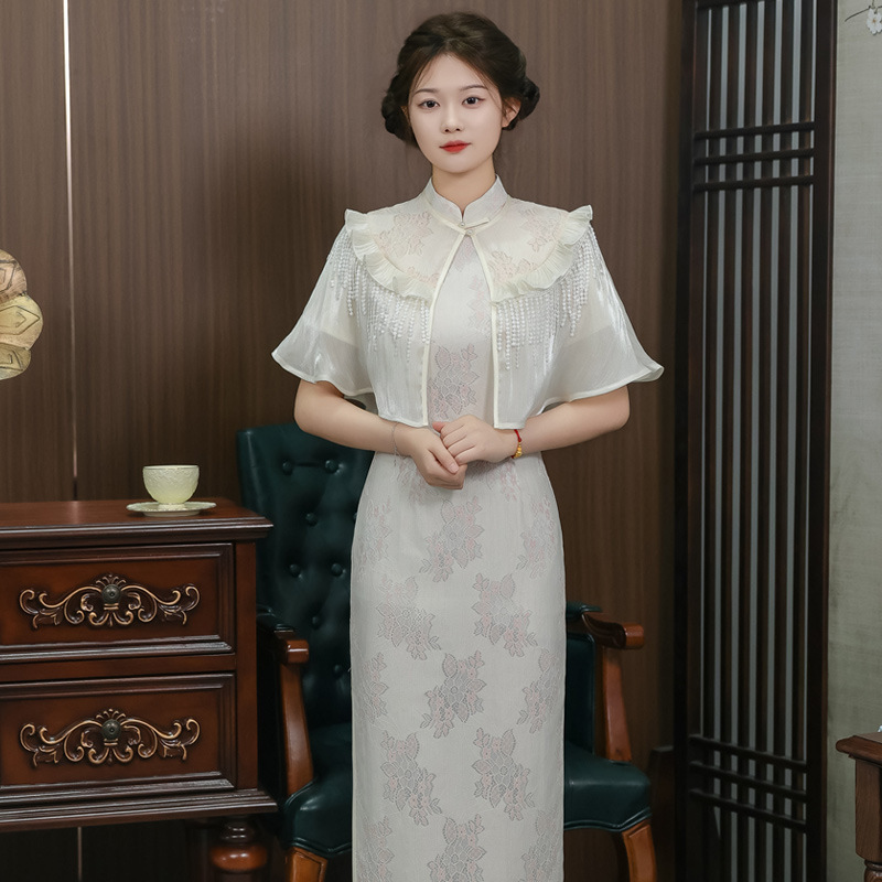 Qiaoniangyu pink lace lady style cape cheongsam 2024 spring new elegant elegant engagement wearable