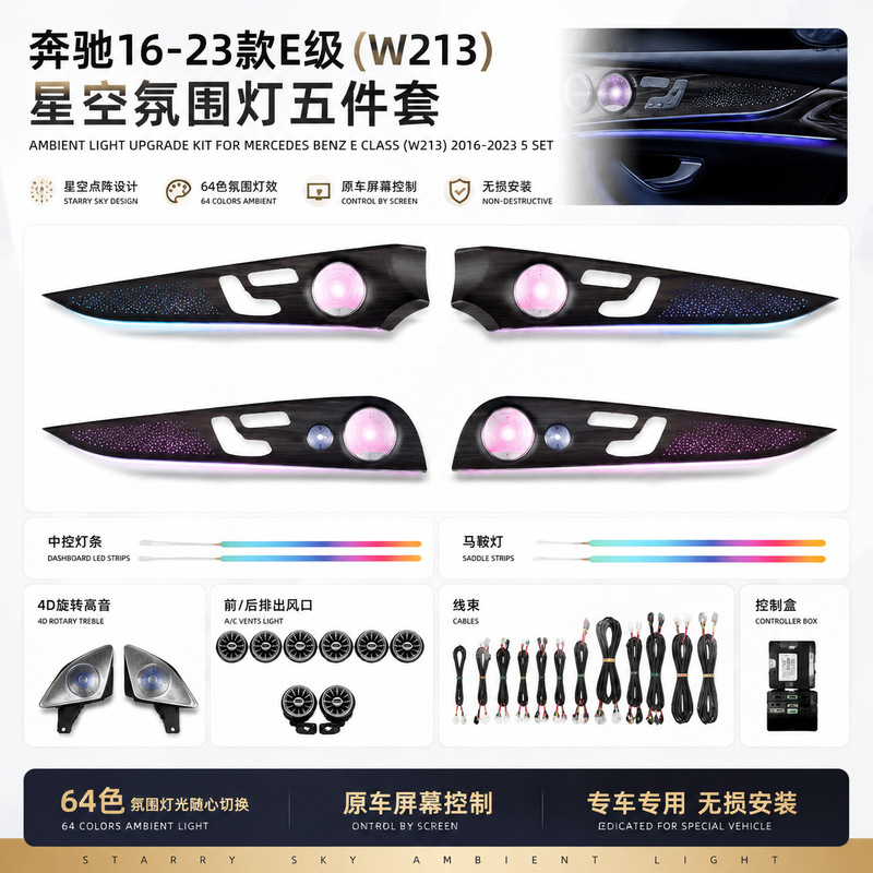 Suitable for Mercedes-Benz E-Class W213 E200 E260 E300L starry sky ambient light, illuminated door panel cover, 64-color car lighting