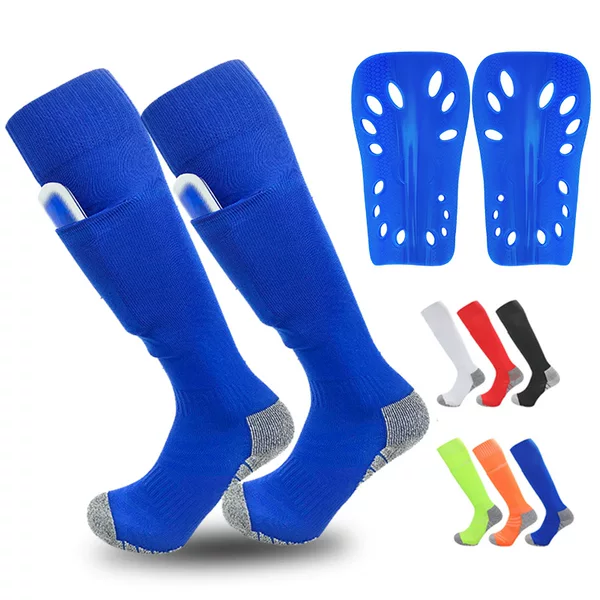 Cross-Border Foreign Trade Football Socks and Shin Guards Set with Pockets, Two-Piece Set, Thickened Towel Bottom, Non-Slip Sports Combo Set, in Stock