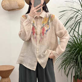 2026春夏苎麻羽毛印花长袖衬衫女宽松休闲显瘦翻领衬衣气质上衣