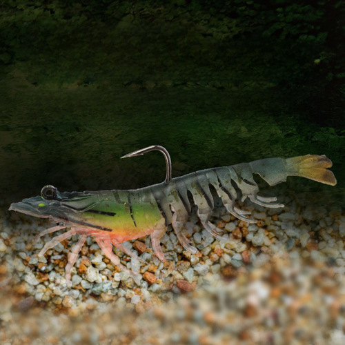 Glow-in-the-dark shrimp lure for largemouth bass, glow-in-the-dark fake bait for perch, hooked fish bait, lead shrimp, soft plastic lure, soft shrimp bait