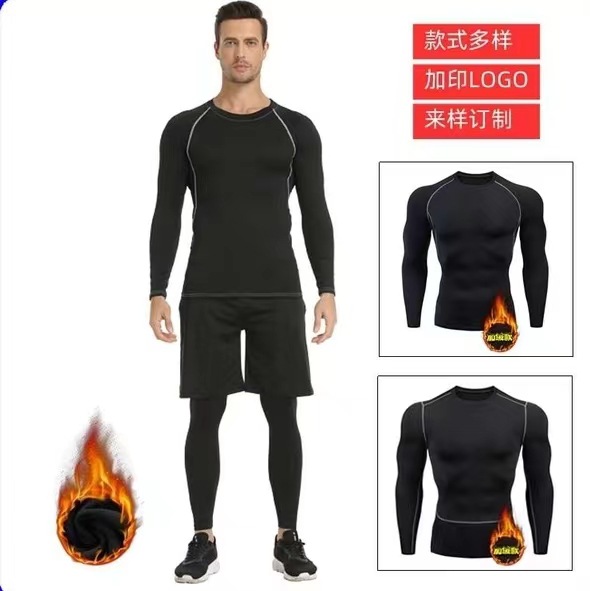 Men's Tight-Fitting Thermal Sports Training Clothes, Fitness Clothes, Men's Velvet-Lined Base Layer, High-Elastic Sportswear, Sports Trend