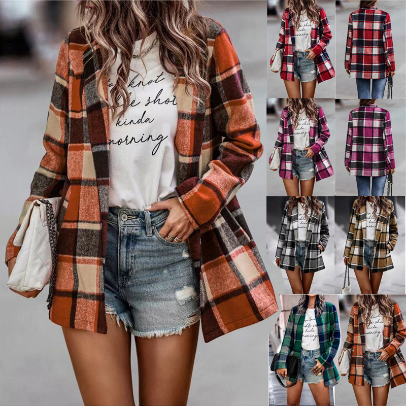 Femmes Style Vintage Plaid Impression Poche Patte Manteau Manteau En Laine display picture 1