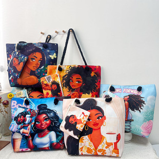 2025 New Product Wholesale Cool Black Girl Printed Shoulder Bag Fashion Large Capacity Women's Bag Thick Rope Large Bag Small Bag Women