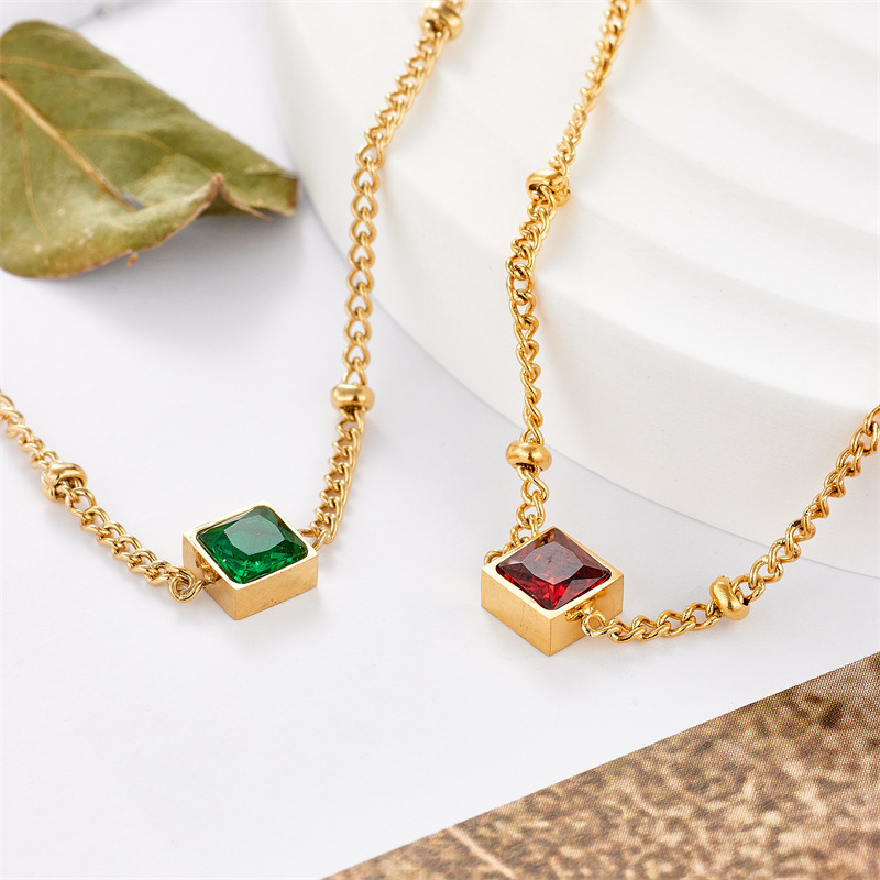 New Style Square Green Zirconium Stainless Steel 14K Gold Plated Geometric Clavicle Chain Necklace_colorza_5