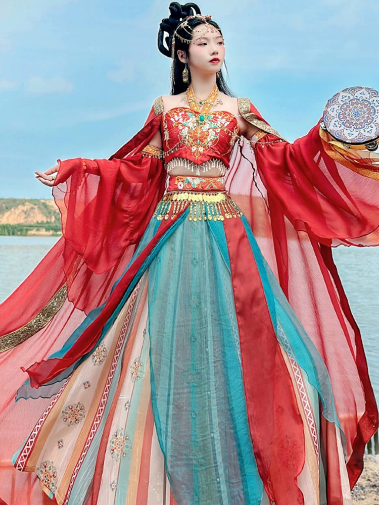 Новый оригинальный Dunhuang экзотический стиль Hanfu Tianzhu Girl West Goddian Goddess Элементы улучшенные древние костюмы полный набор летом