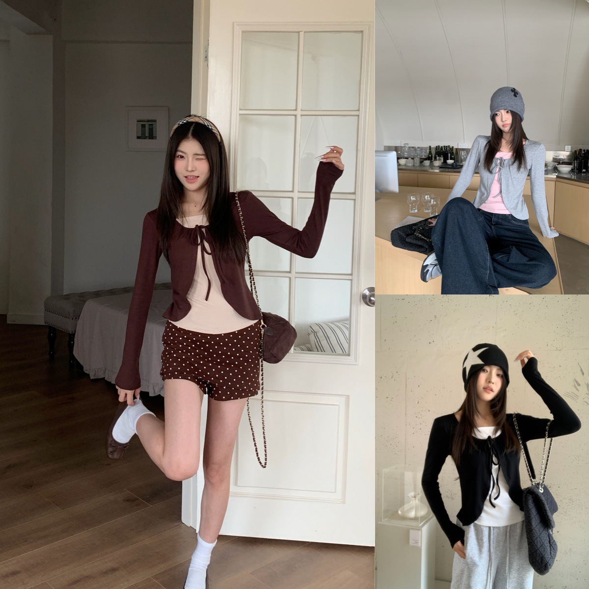 韩系甜妹系拼色圆领假两件正肩长袖t恤女秋季打底衫修身上衣26298