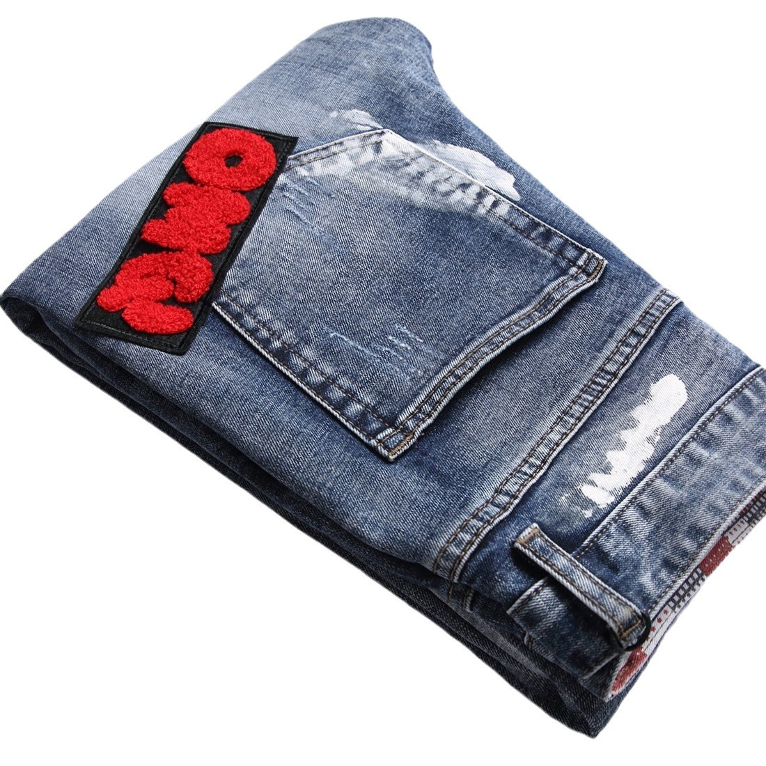 Men's Elastic Slim-Straight Jeans With Hand-Painted Full White Paint Finish, Washed Effect & Custom Towel Embroidery Badge_voghion.com