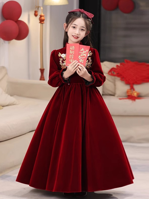 Otoño y invierno vestido rojo de Año Nuevo vestido de niña vestido de princesa vestido de niños anfitriones de alto nivel piano vestido