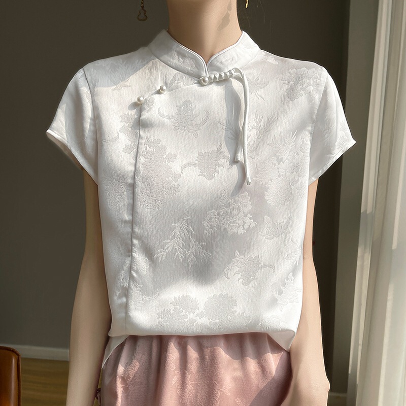 Cross-Border Chinese Style Jacquard Shirt for Women, New Spring/Summer Collection, National Trend Stand Collar, Diagonal Placket, Pearl Buttons, Tassel Short-Sleeve Top, Vest