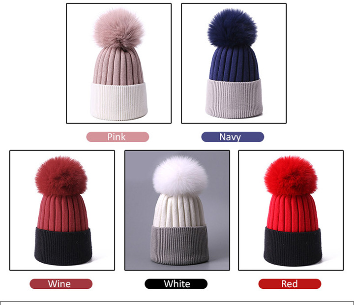 Chapeau chaud d'automne et d'hiver en forme de boule de renard, couleur unie, tricoté, pour adultes et enfants, mode parent-enfant_voghion.com