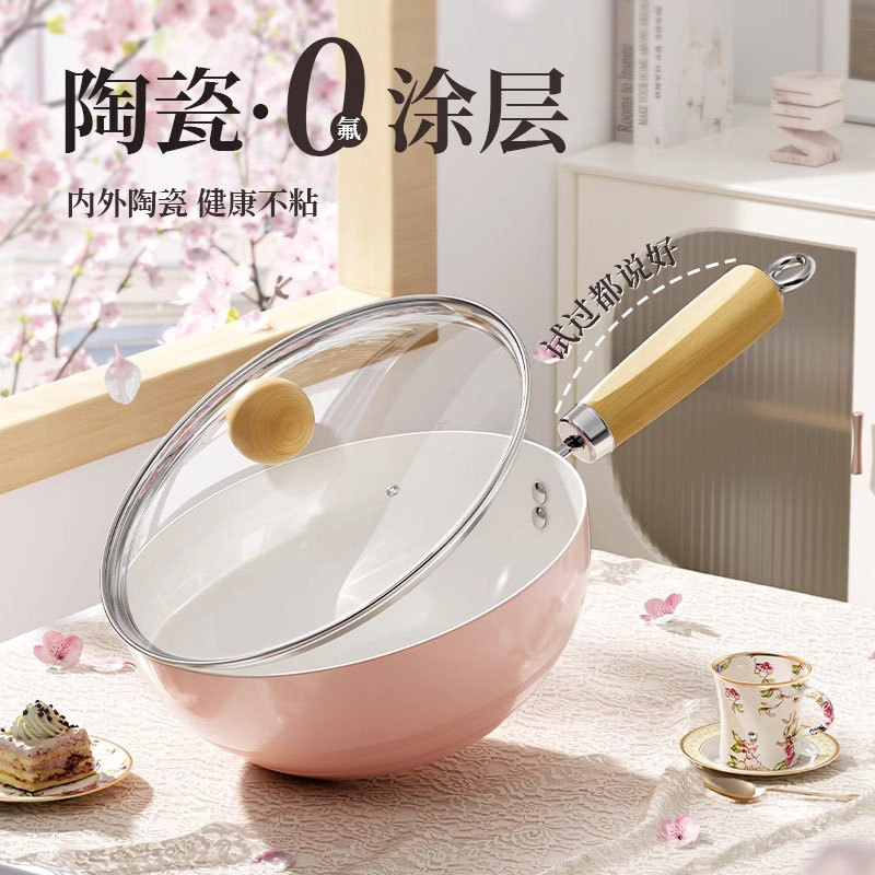 Wok de cerámica rosa de alto valor, olla antiadherente de fondo plano para el hogar, olla complementaria para bebés, estufa general, olla para cocinar al por mayor