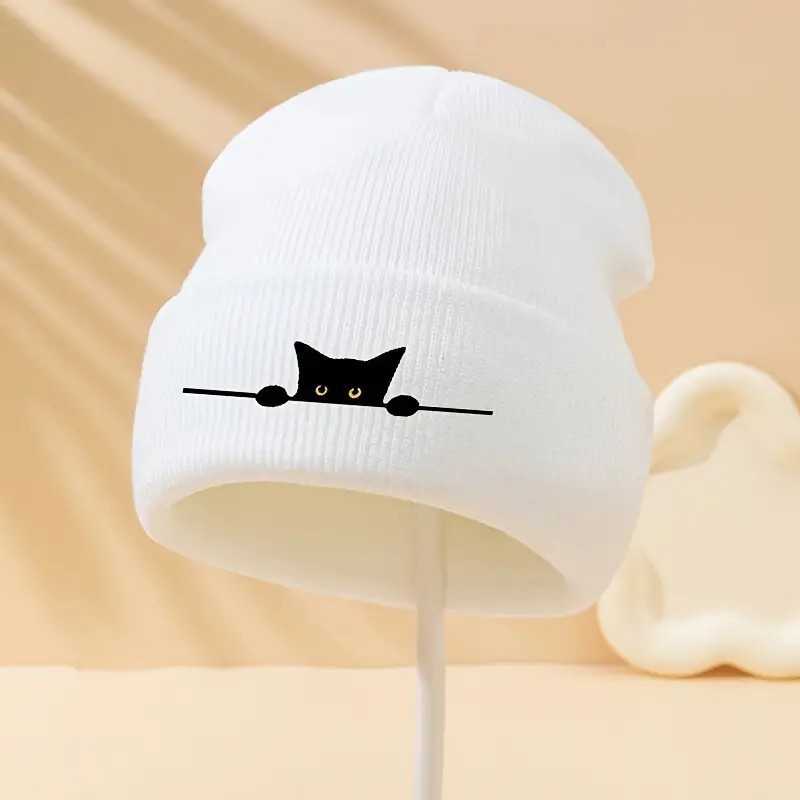 新款秋冬保暖冷帽卡通黑猫印花毛线帽男女休闲情侣针织帽子|undefined