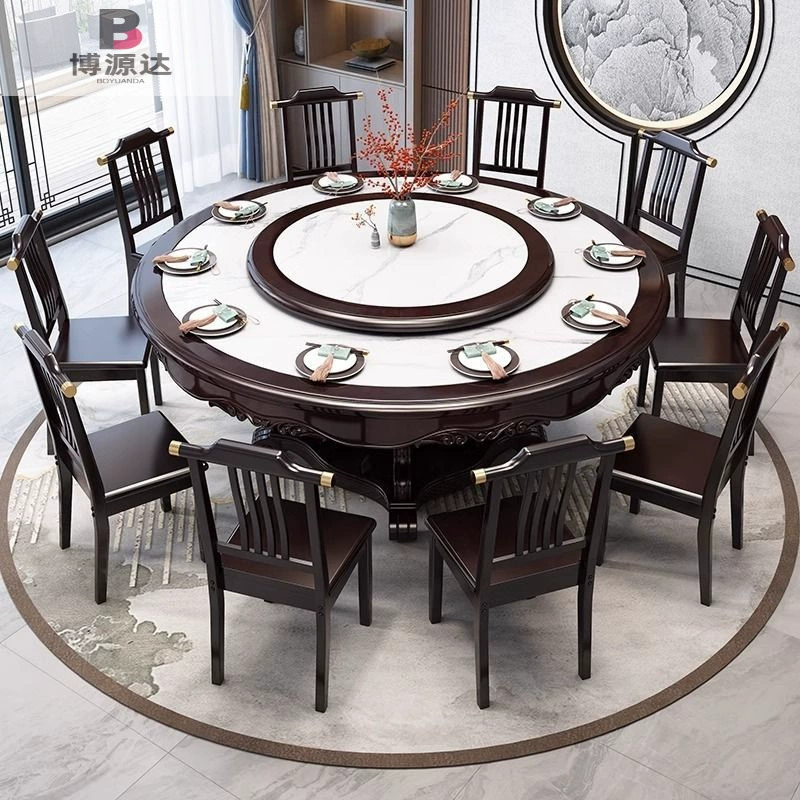 Новый обеденный стол и стулья из цельного дерева в китайском стиле со вращающейся платформой для дома, больших и маленьких гостиничных ресторанов, большой круглый стол