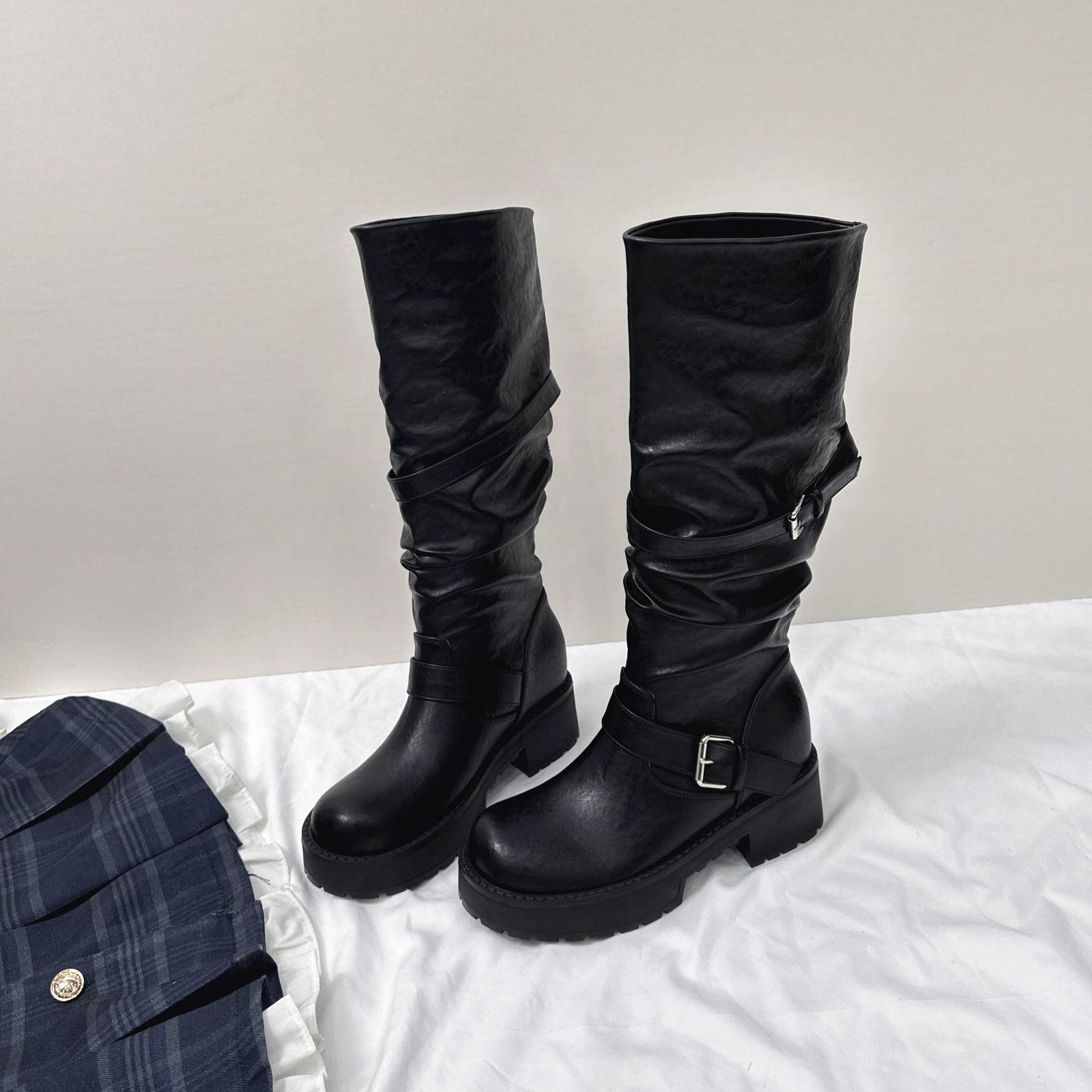 Botas Vaqueras de Caballero para Mujer de 8 cm, Superfibra, Con Elevación, Tacón Grueso, para Otoño e Invierno