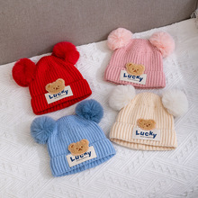 儿童帽子秋冬季新款卡通小熊布标保暖针织帽可爱毛球男女童套头帽