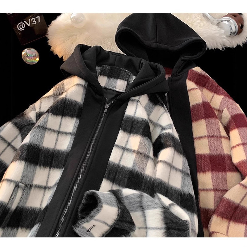 2025 Fake Two-Piece Small Fragrant Style Plaid Jacket Men's Spring and Autum Woolen Color Matching Loose Casual Hooded Top 2025 Fake Two-Piece Small Fragrant Style Plaid Jacket Men's Spring and Autum Woolen Color Matching Loose Casual Hooded Top