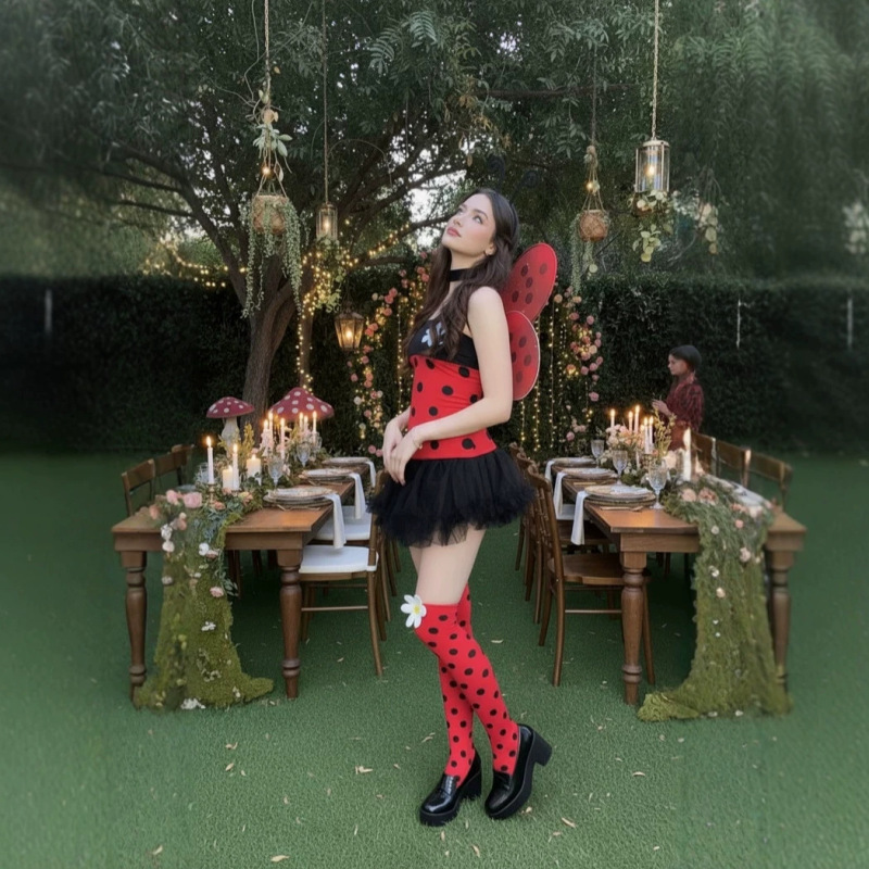 European and American Halloween Costume Ladybug COS Girl Full Set with Fairy Wings and Polka Dot Tutu Skirt for Holiday Performances European and American Halloween Costume Ladybug COS Girl Full Set with Fairy Wings and Polka Dot Tutu Skirt for Holiday Performances