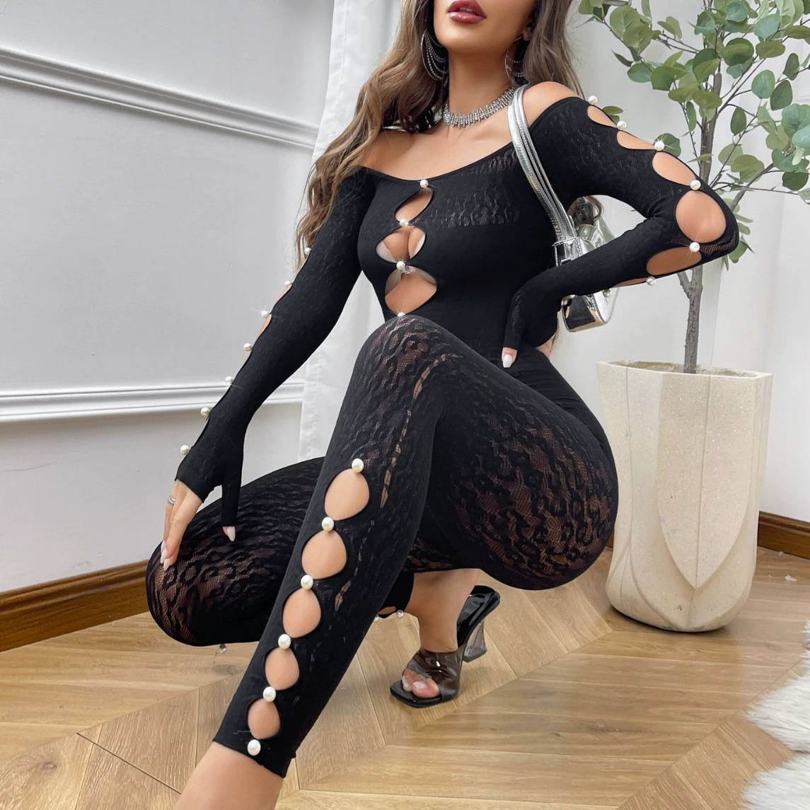 DY-015 Cross-border Sex Spelling Pearl Leopard Plane Netwear sexy highlights long-sleeved pants