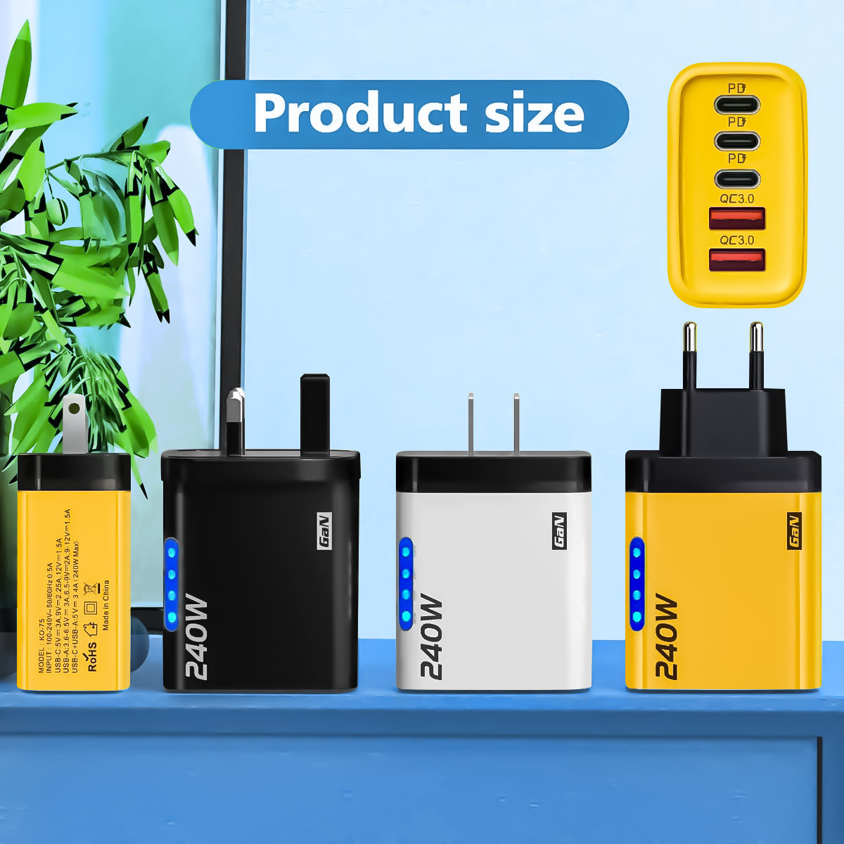 Transfronterizo 240W con lámpara 3PD + doble USB cargador multipuerto estándar de EE.UU. y Europa para cabeza de carga de Apple Huawei