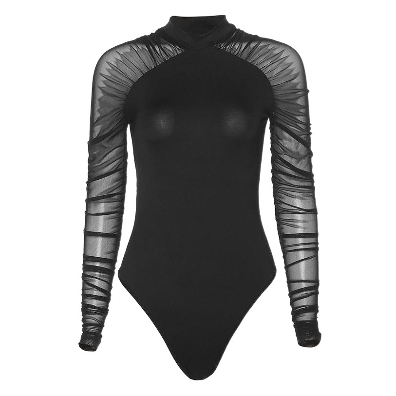 Otoño cuello redondo malla costura manga larga color sólido Delgado mono mujeres soporte procesamiento