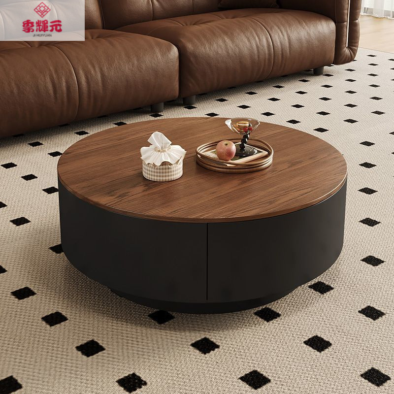 中古风岩板圆形茶几客厅家用现代轻奢高级简约古风胡桃木意式组合