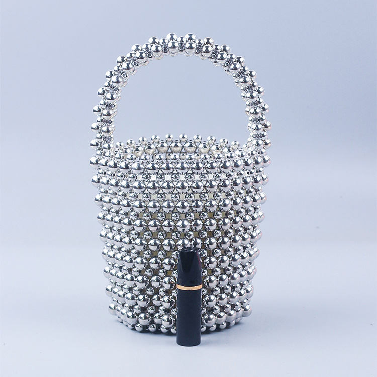 Handmade Beaded Bucket Bag for Women Spring Summer DIY Woven Pearl Party Handbag Trendy - Thumbnail 3