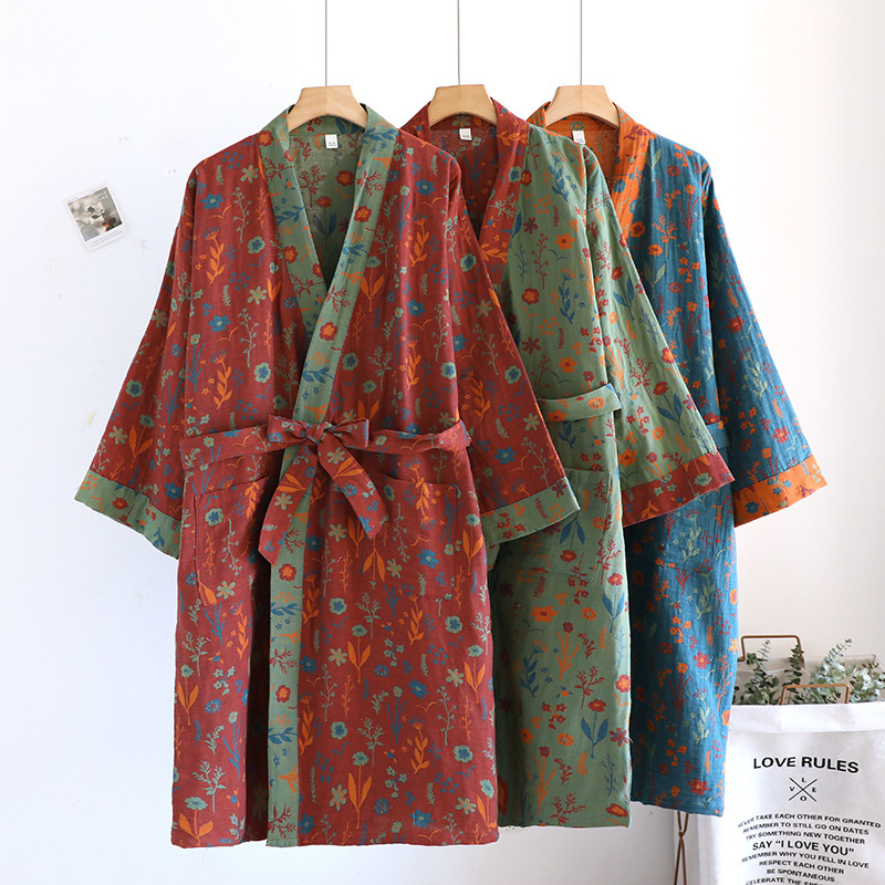 New Women's Yarn-Dyed Retro Jacquard Japanese Bathrobe Pure Cotton Kimono Bathrobe Home Robe Spring and Summer Style Drop Shipping