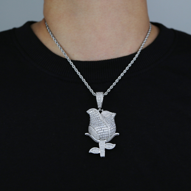 Pendant Necklace, Long Necklace Classification rope chain Chain Type Hip-hop Flower Copper Inlay Zircon Men's Pendant Necklace Long Necklace