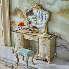 欧式梳妆台实木雕花公主梳妆柜美式别墅香槟金贴金箔化妆桌卧室柜