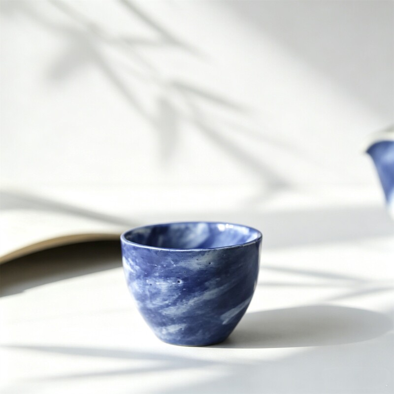Jingdezhen Pottery Zhiye Denim Blue All Handmade Pottery Clay Thin Tire Cover Bowl Retro Coarse Pottery Japanese Cosmetic Earth Ceramics