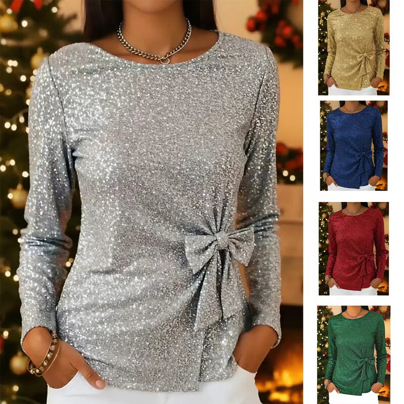 2026 Cross-Border Independent Website European and American New Fashion Shiny Lace-Up Bow Long-Sleeve Women's Pullover Round Neck
