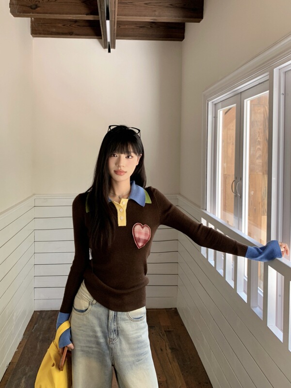小众别致撞色气质长袖针织衫女装秋季修身显瘦chic上衣内搭打底衫|undefined