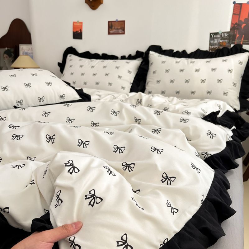 French-style Hepburn Feng Shui Washed Cotton Trim Four-Piece Bed Skirt Set: Student Dormitory Bed Sheet & Duvet Cover Three-Piece Bedding Kit
