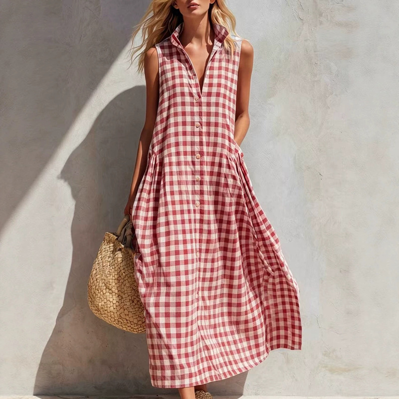 Cross-Border Amazon 2026 Summer Plaid Skirt Sleeveless Shirt Dress European and American Resort Style Seaside Beach Long Dress
