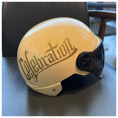 seasons, summer safety helmet, national standard, sun — Motosiklet kaskı (dəbilqə) - 3c-certification-off-white-letters-brown-sunscreen-short-lenses-3c-certification-one-size-fits-all-head-sizes-for-both-men-and-women-54-60cm