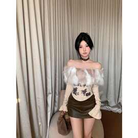 美拉德复古毛毛拼接一字肩长袖T恤女秋季设计感喇叭袖短款上衣ins