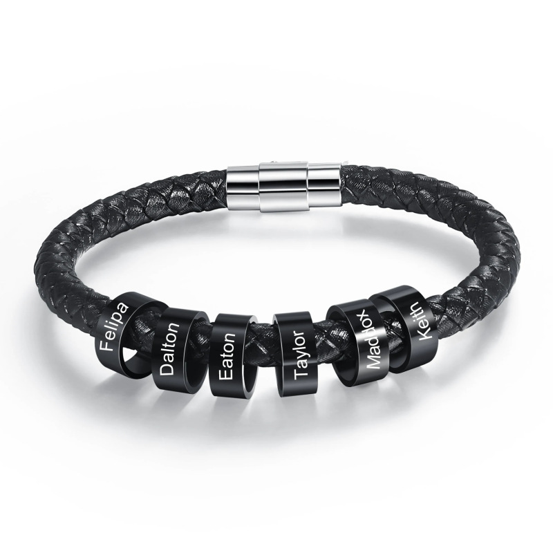 Men's Leather Bracelet with Magnetic Clasp, Stainless Steel DIY Engraved Leather Bracelet, Black Positioning Ring Leather Bracelet
