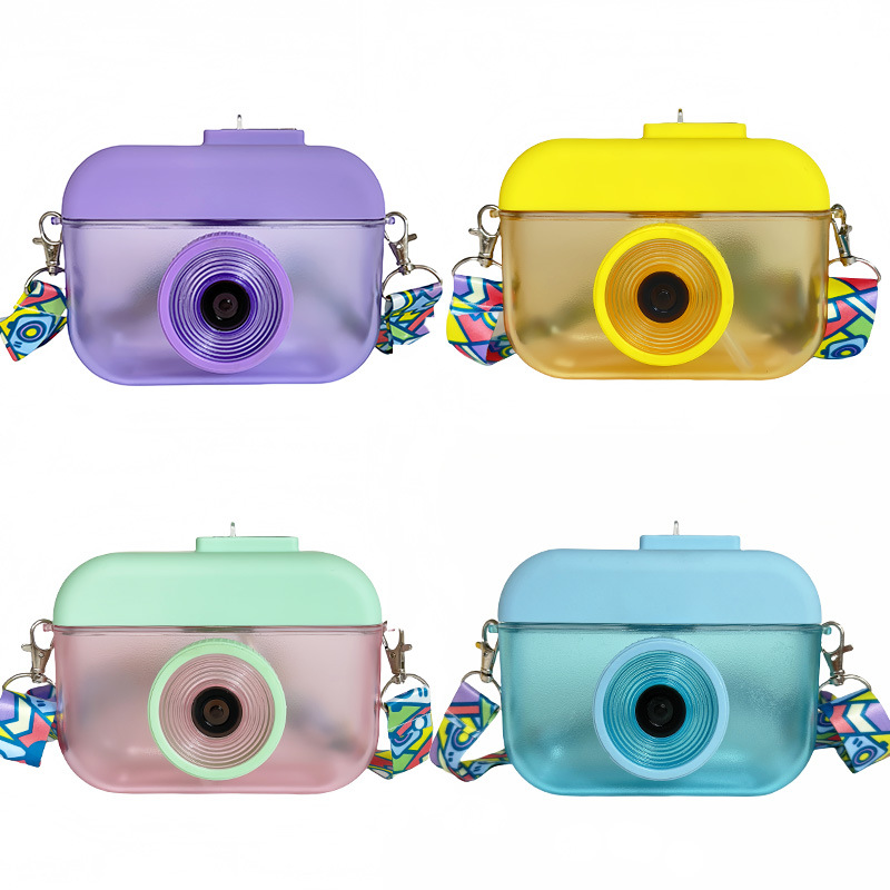 Taza de plástico con forma de cámara y pajilla, diseño creativo a prueba de fugas, ideal para jugos y batidos.