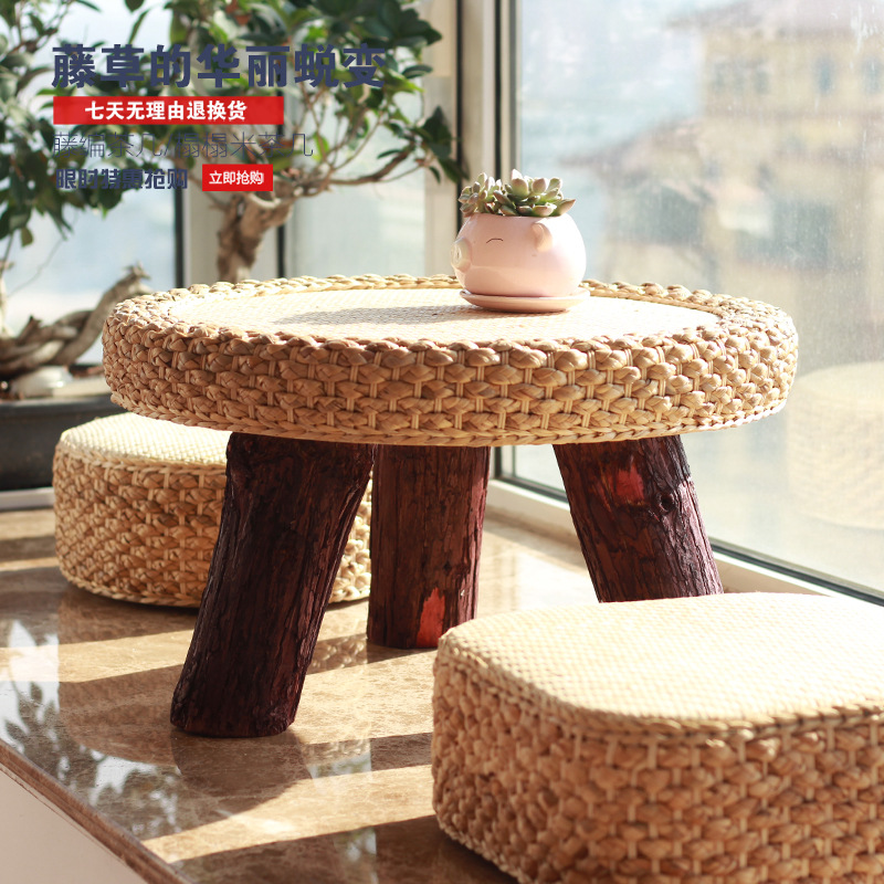 藤編飄窗桌簡約窗台小桌子日式陽台榻榻米茶几實木炕桌地台桌矮桌