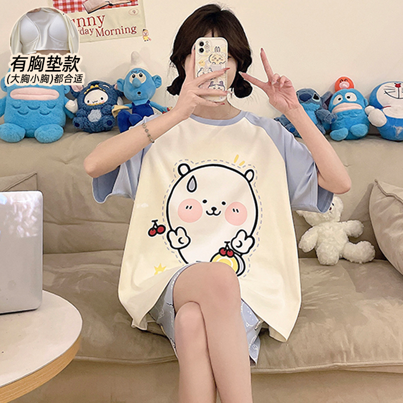Pajamas for Women, Summer Pure Cotton with Chest Pads, Short Sleeves, Cute Cartoon Design, High Aesthetic Value, 2026 New Model, Home Wear for Girls, Students