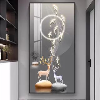 招财九鱼图入户玄关装饰画客厅走廊过道挂画新款大气麋鹿竖版壁画