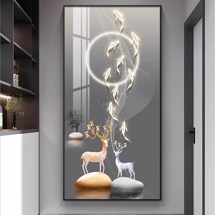 Entrar en el hogar nueve peces pintura decorada pasillo de la sala de estar pintura colgante nuevo alce atmosférico pintura mural vertical
