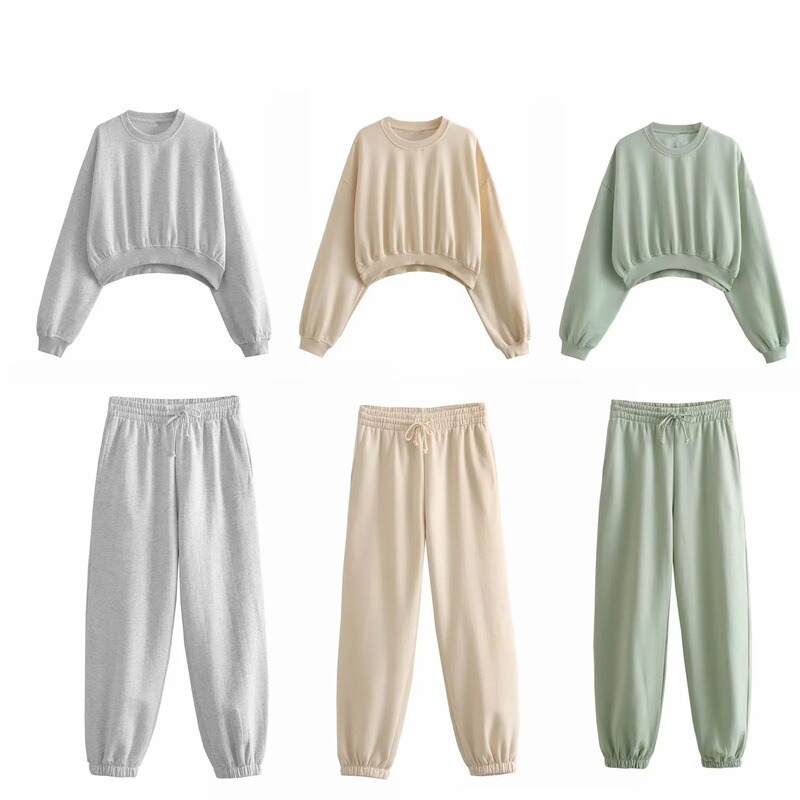 Foreign trade 2023 European and American autumn new basic short sweater + elastic waist jogging pants suit female 8417803