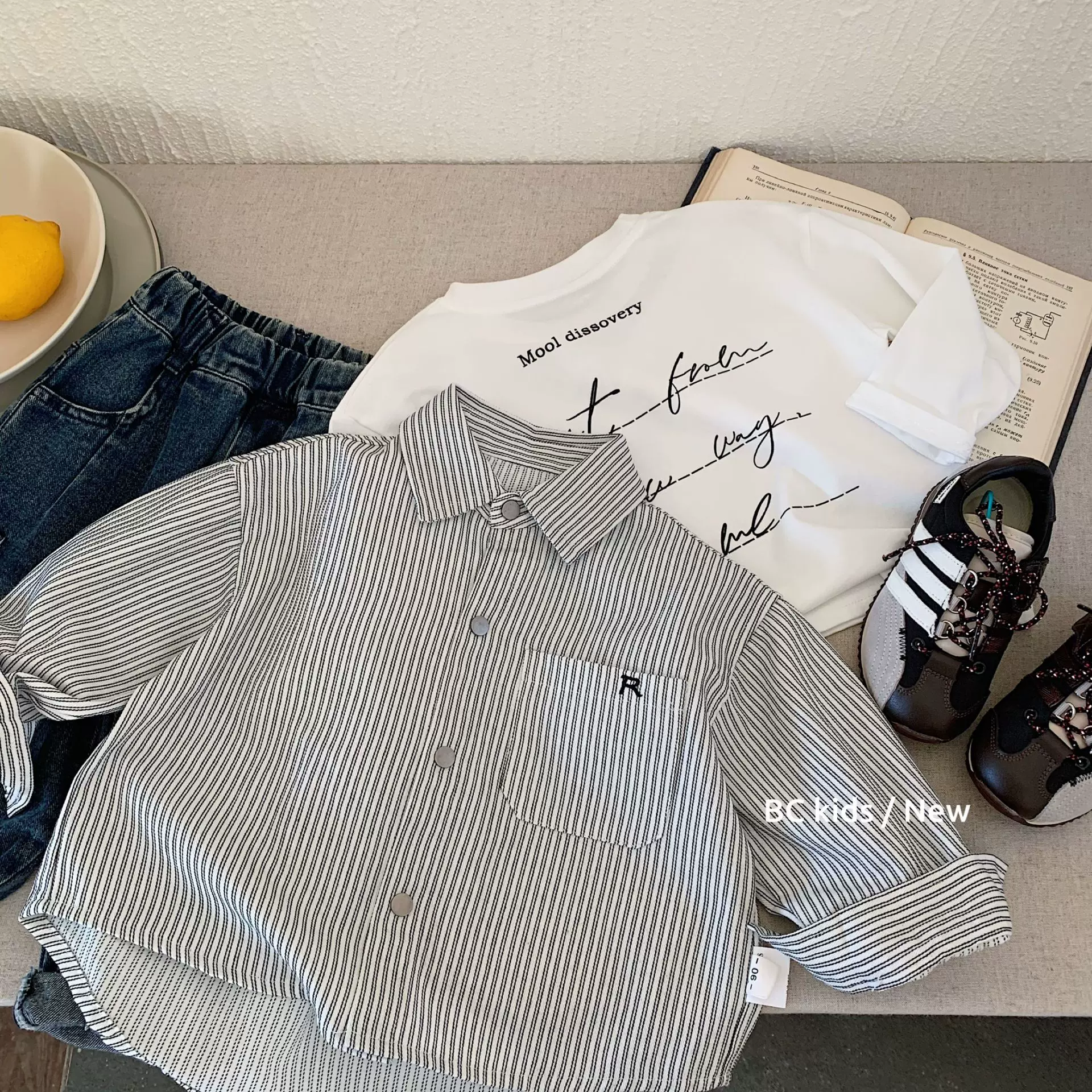 儿童衬衫邦诚2026春季新款韩版条纹男女童百搭字母刺绣衬衣H0019