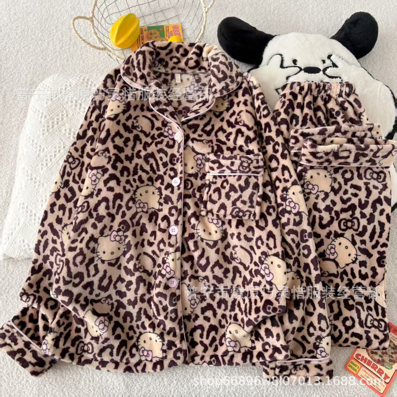 Franela otoño y invierno nueva linda niña caliente y gruesa dulce kitty gato suelto conjunto de pijamas se puede usar fuera