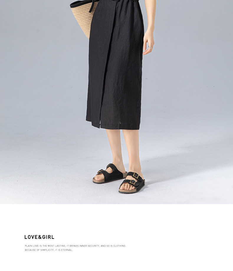 Đầm maxi nữ vải lanh tay uốn cong chiết eo dáng suông mùa hè — Màu đen chi tiết 27